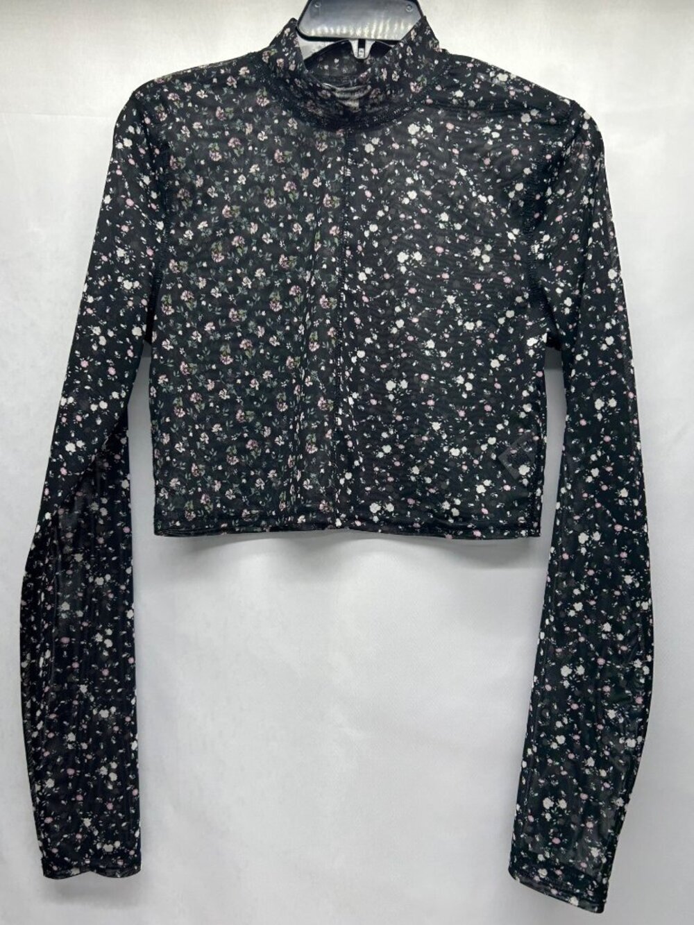 Aeropostale Womens Black Sheer Floral Print Long Sleeve Crop Top Size L